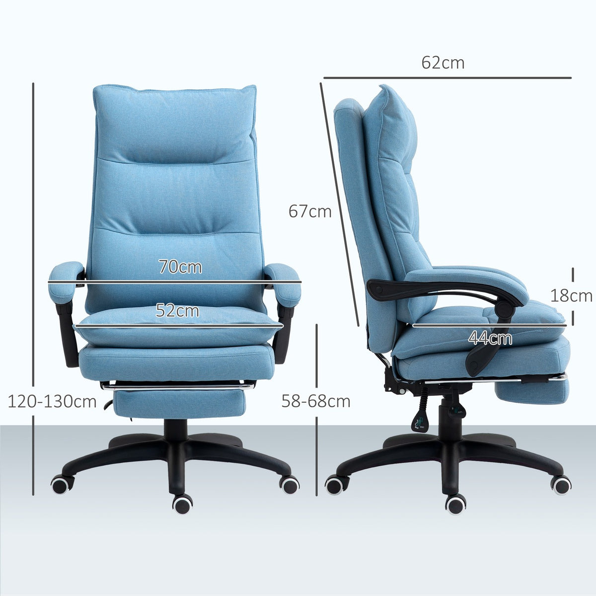 Office chair with massage function, ergonomic desk chair with reclining and swiveling function, height-adjustable computer chair with footrest, remote control and timer, blue
