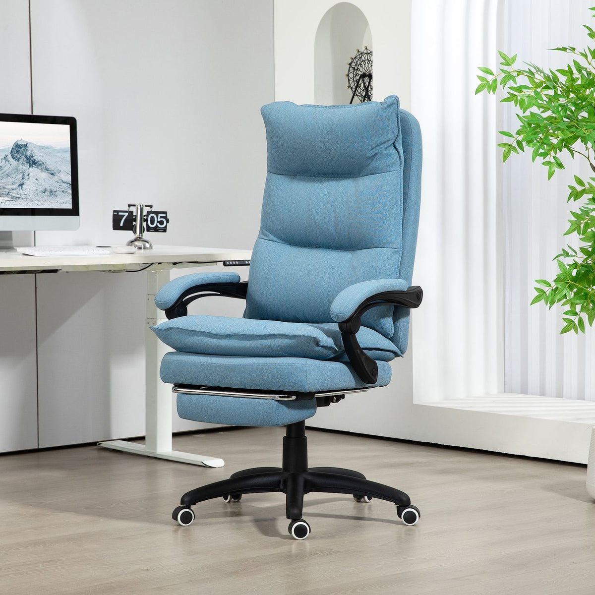 Office chair with massage function, ergonomic desk chair with reclining and swiveling function, height-adjustable computer chair with footrest, remote control and timer, blue