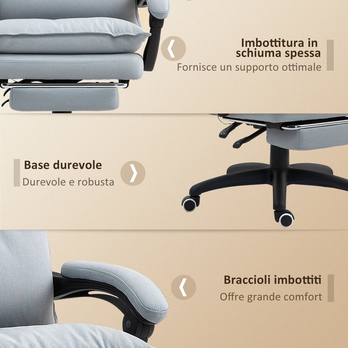 Office chair with massage function, ergonomic desk chair with reclining and swiveling function, height-adjustable computer chair with footrest, remote control and timer, light gray