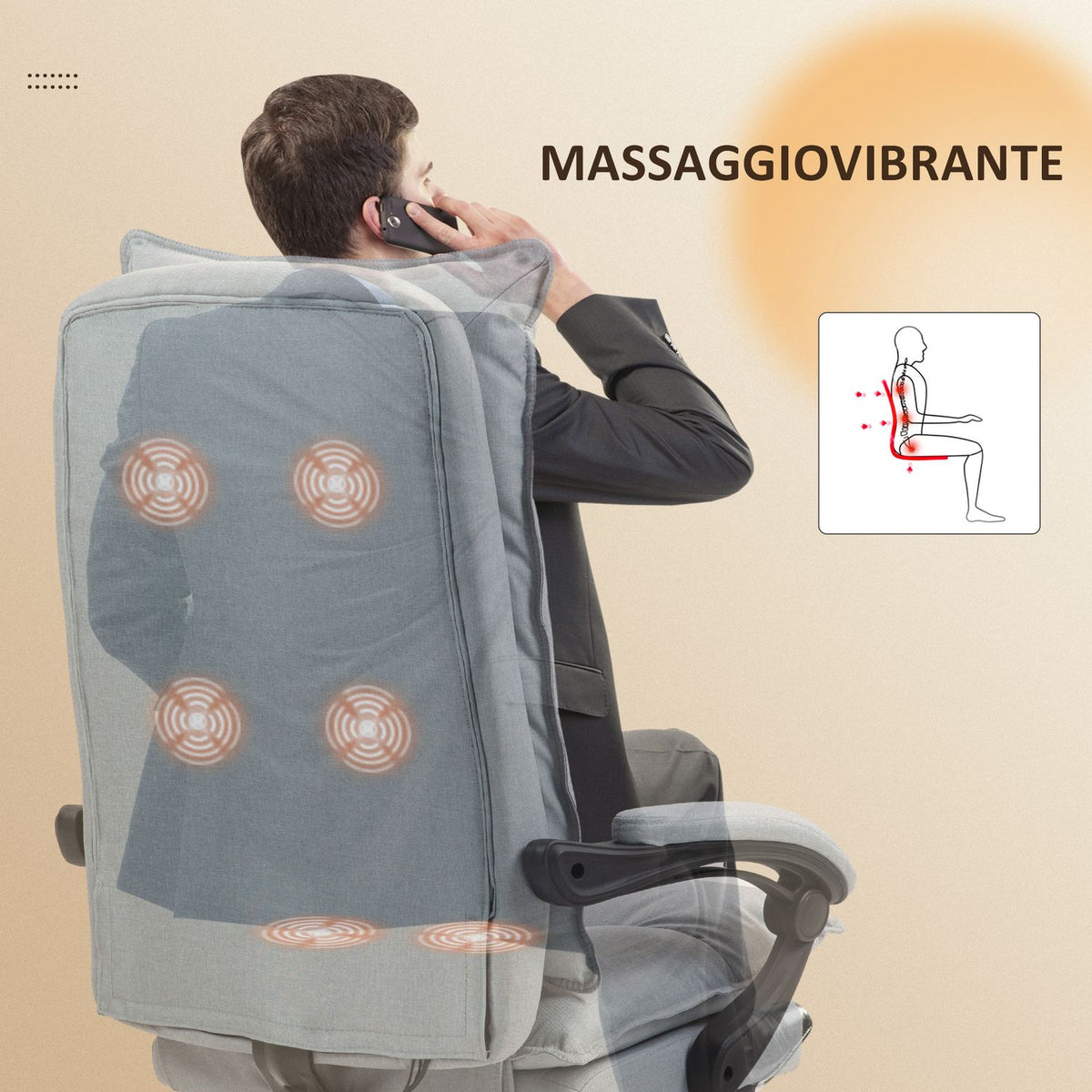 Office chair with massage function, ergonomic desk chair with reclining and swiveling function, height-adjustable computer chair with footrest, remote control and timer, light gray