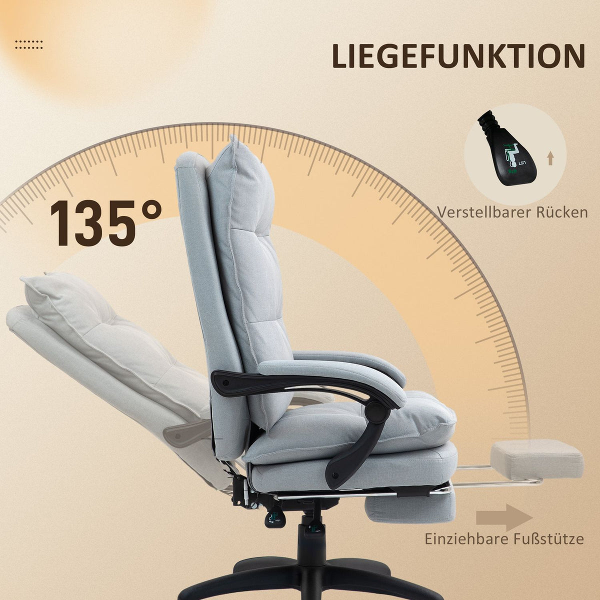 Office chair with massage function, ergonomic desk chair with reclining and swiveling function, height-adjustable computer chair with footrest, remote control and timer, light gray