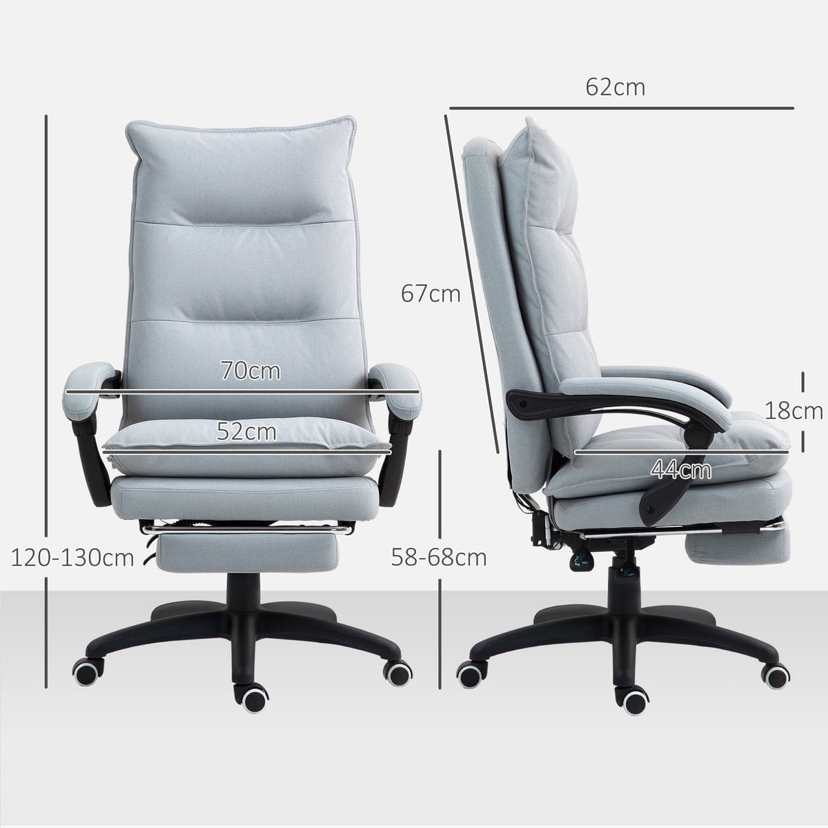 Office chair with massage function, ergonomic desk chair with reclining and swiveling function, height-adjustable computer chair with footrest, remote control and timer, light gray