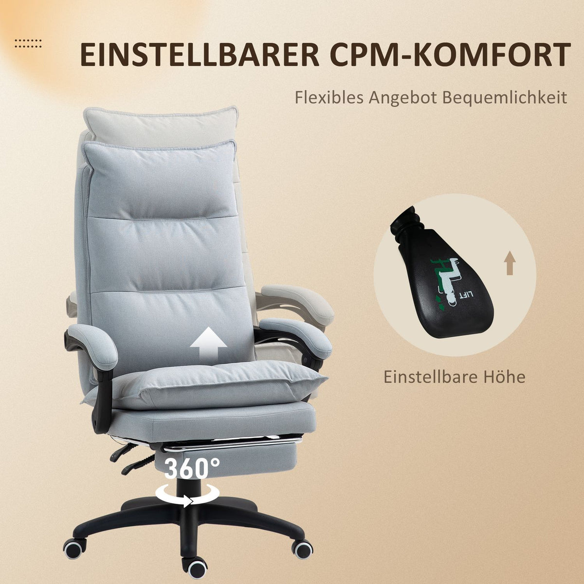 Office chair with massage function, ergonomic desk chair with reclining and swiveling function, height-adjustable computer chair with footrest, remote control and timer, light gray