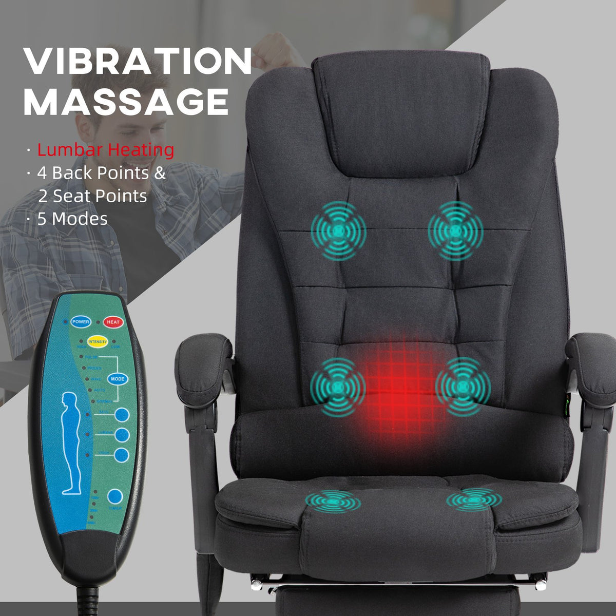 Office chair with massage function, ergonomic desk chair with reclining and warming function, height-adjustable computer chair with footrest, side pocket and remote control, black