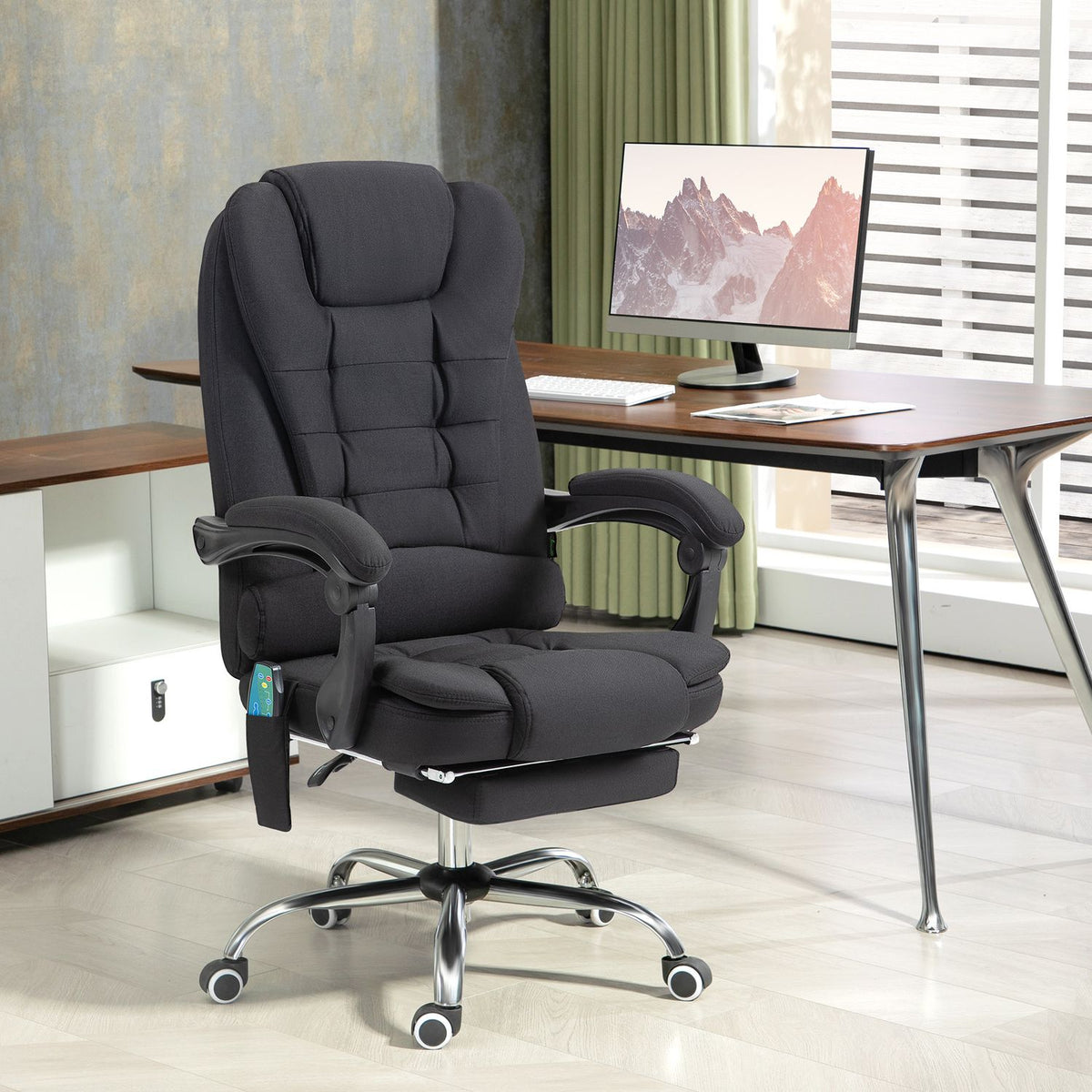Office chair with massage function, ergonomic desk chair with reclining and warming function, height-adjustable computer chair with footrest, side pocket and remote control, black