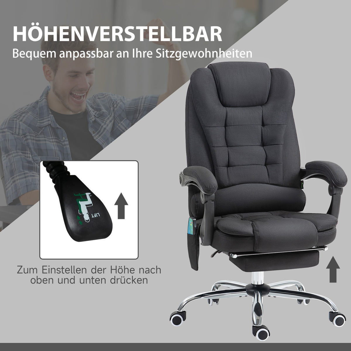 Office chair with massage function, ergonomic desk chair with reclining and warming function, height-adjustable computer chair with footrest, side pocket and remote control, black