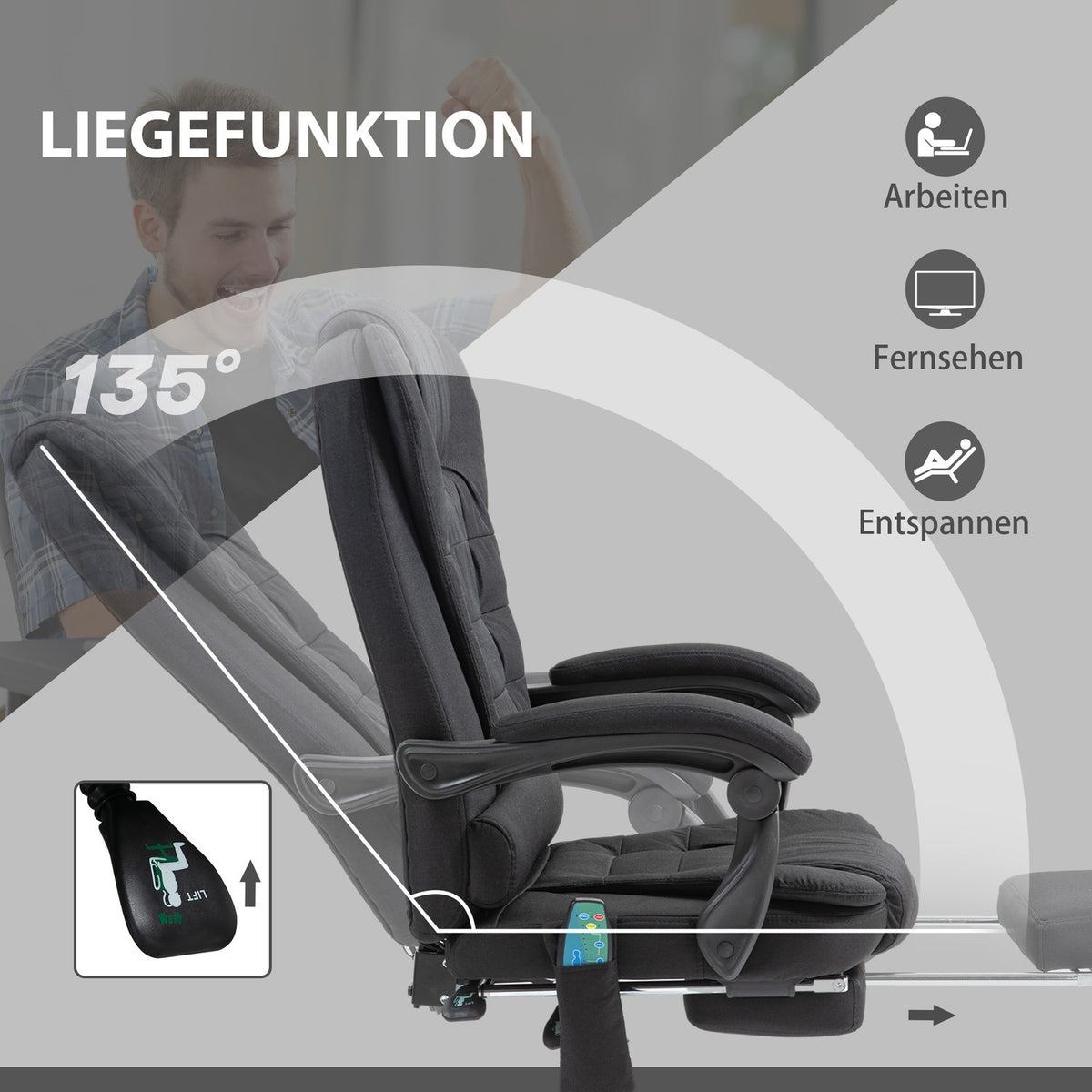 Office chair with massage function, ergonomic desk chair with reclining and warming function, height-adjustable computer chair with footrest, side pocket and remote control, black
