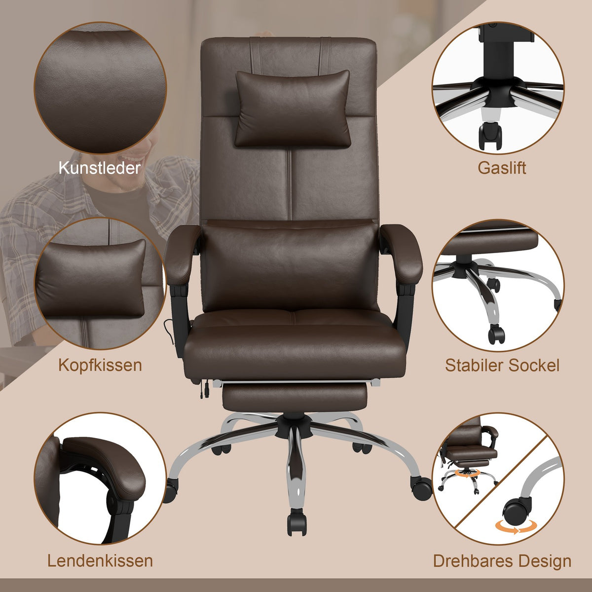 Office chair with massage function, ergonomic desk chair with reclining function, headrest, height-adjustable, brown
