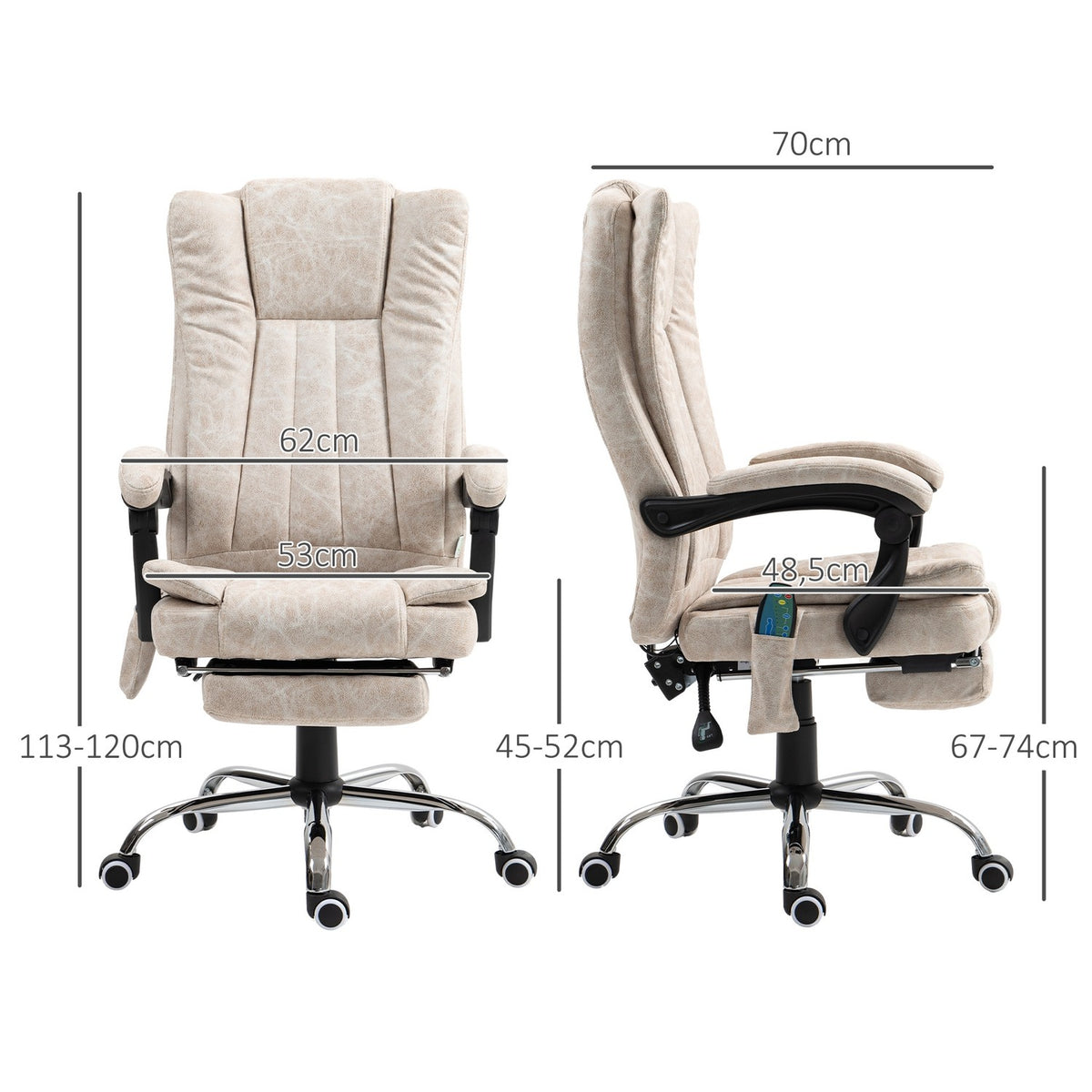 Office chair with massage function, ergonomic desk chair with reclining function, heating function, height-adjustable swivel chair with footrest, side pocket, cream white
