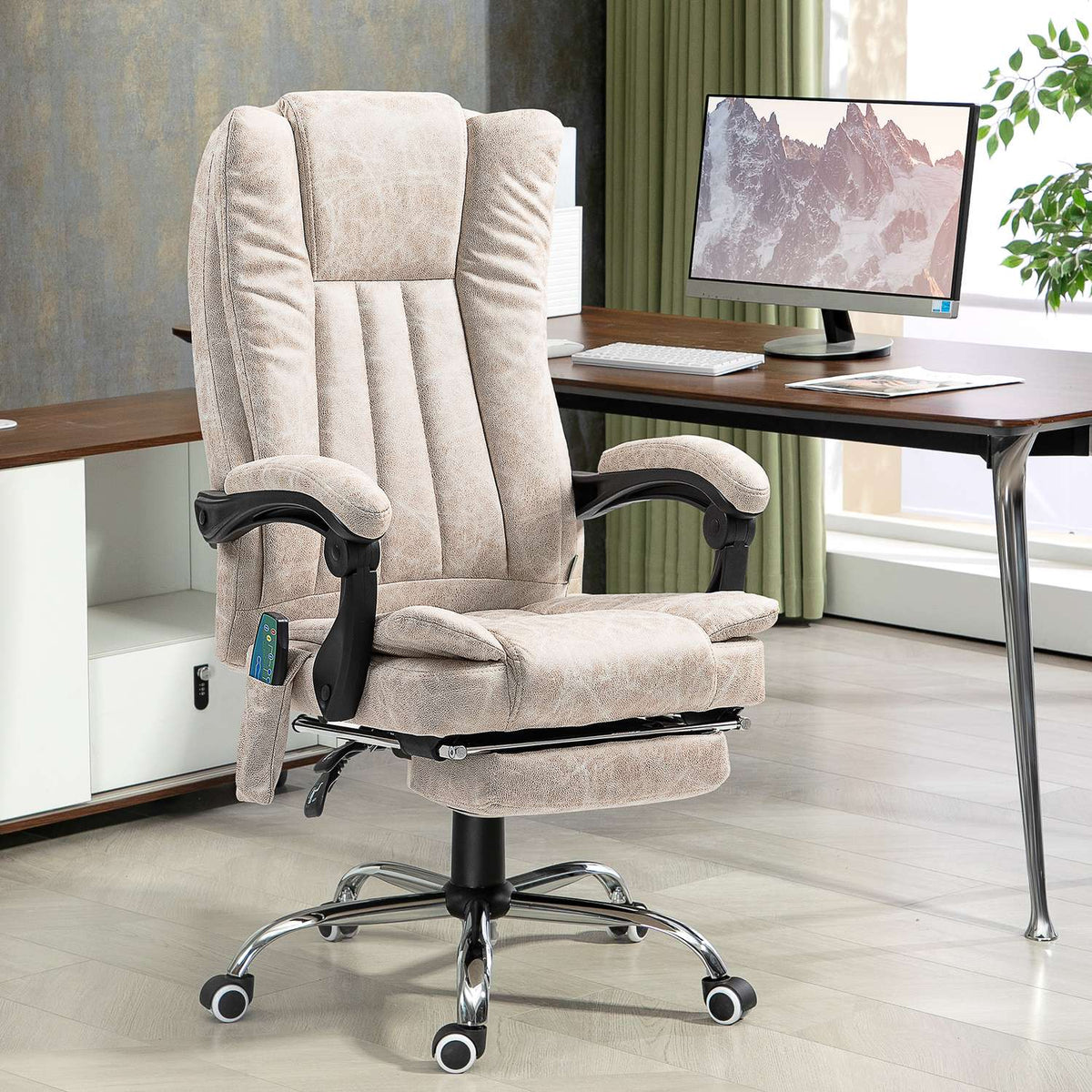 Office chair with massage function, ergonomic desk chair with reclining function, heating function, height-adjustable swivel chair with footrest, side pocket, cream white