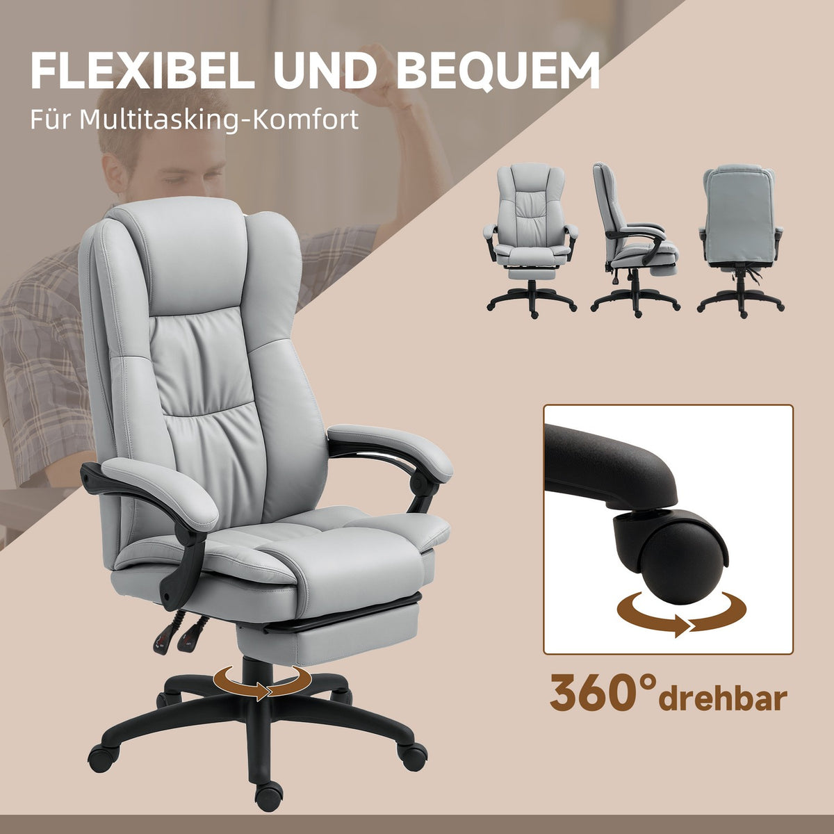 Office chair with massage function, ergonomic desk chair with reclining function, height-adjustable executive chair with swivel function, footrest, remote control, faux leather, light gray
