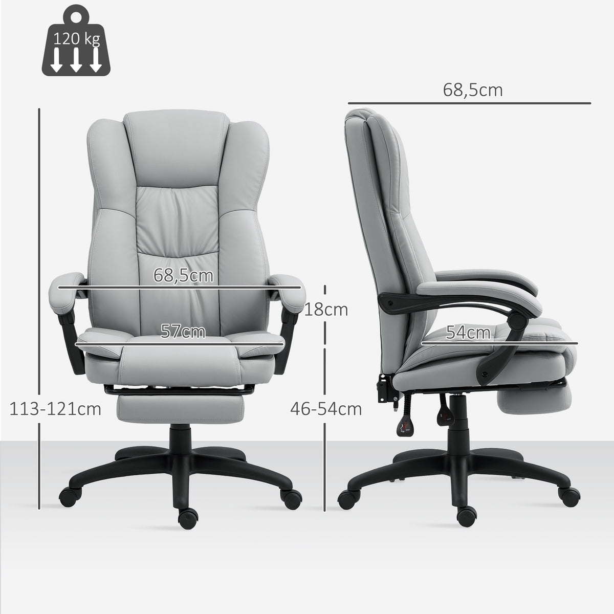 Office chair with massage function, ergonomic desk chair with reclining function, height-adjustable executive chair with swivel function, footrest, remote control, faux leather, light gray