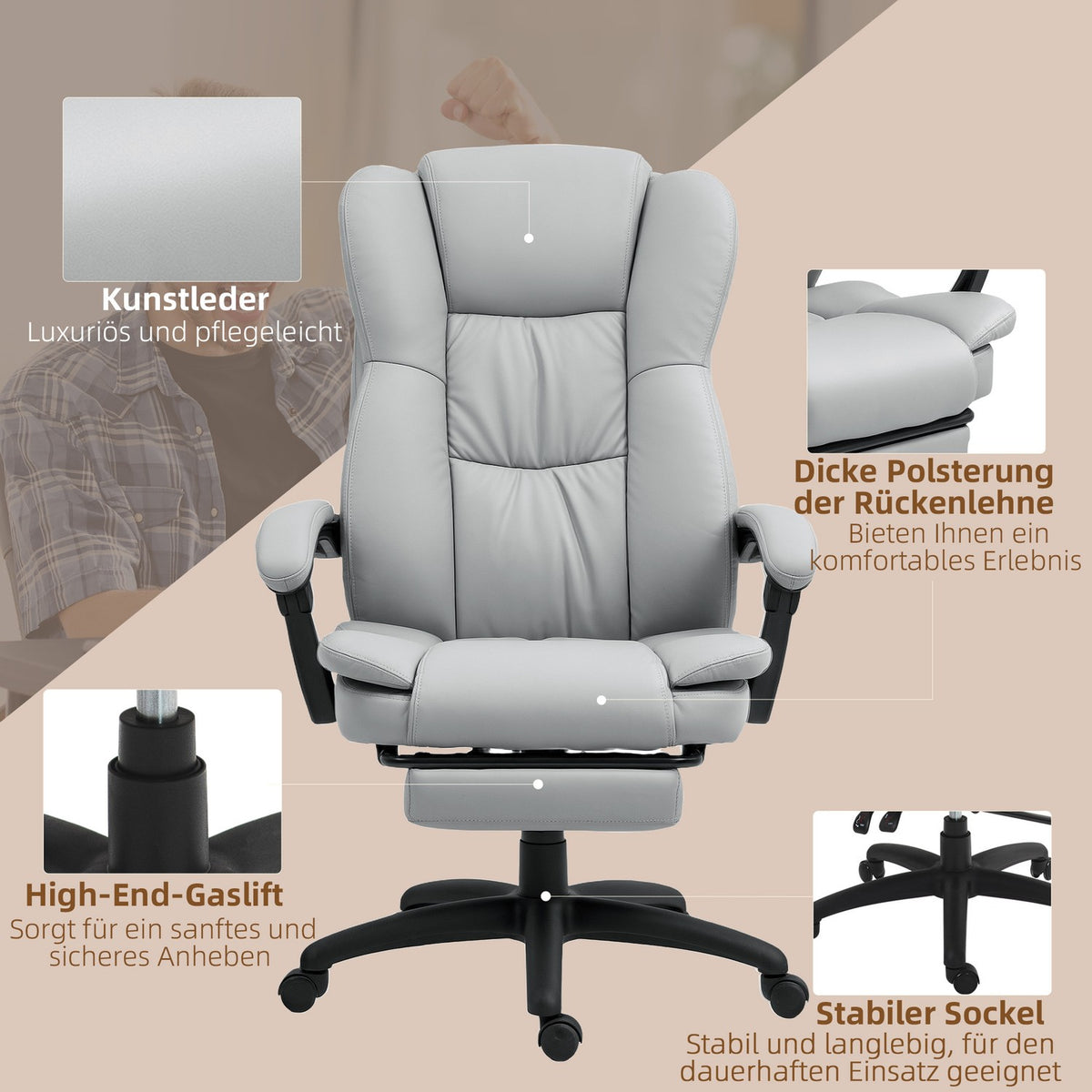 Office chair with massage function, ergonomic desk chair with reclining function, height-adjustable executive chair with swivel function, footrest, remote control, faux leather, light gray