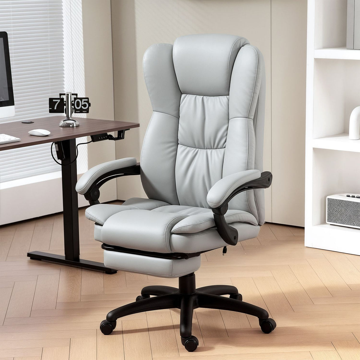 Office chair with massage function, ergonomic desk chair with reclining function, height-adjustable executive chair with swivel function, footrest, remote control, faux leather, light gray