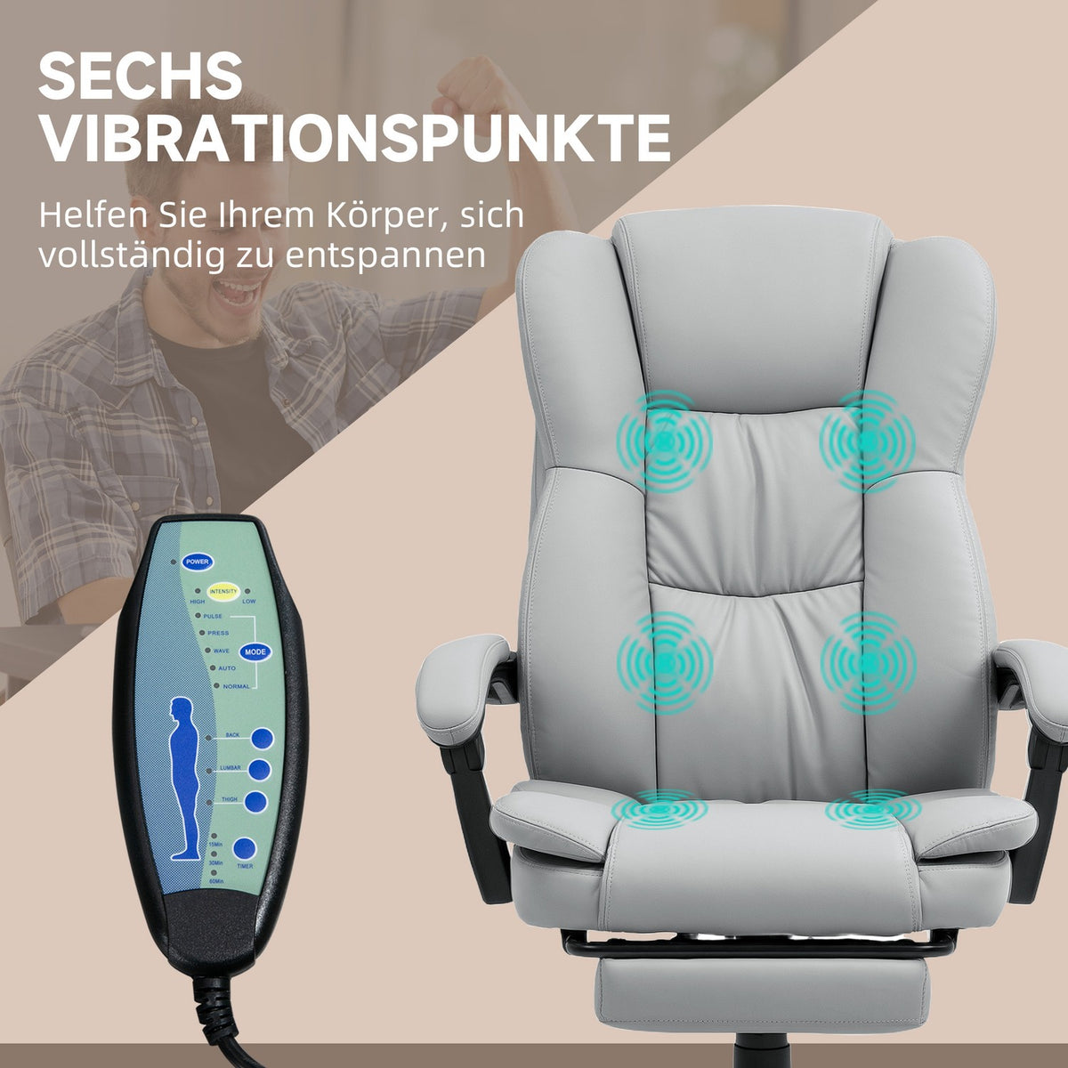Office chair with massage function, ergonomic desk chair with reclining function, height-adjustable executive chair with swivel function, footrest, remote control, faux leather, light gray