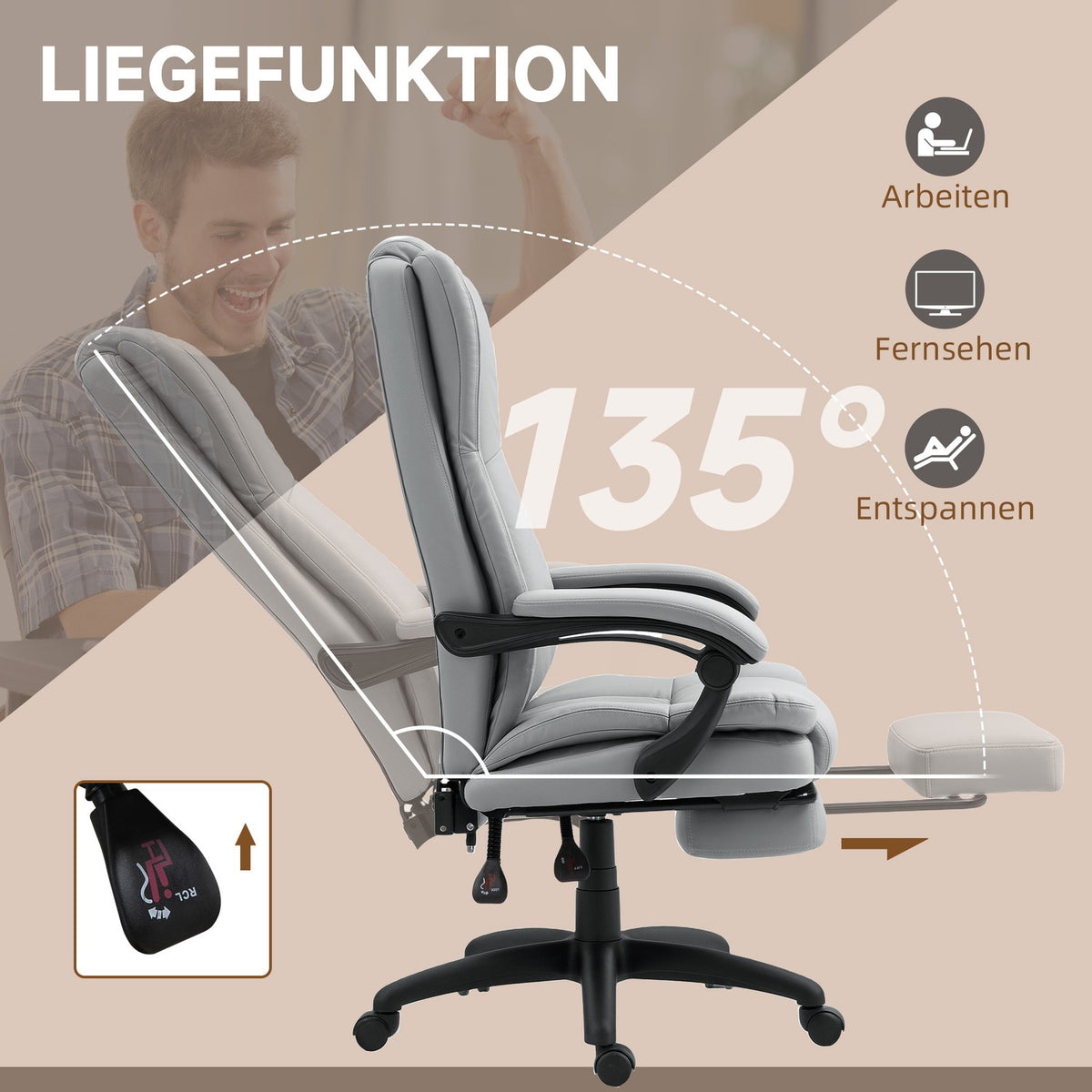 Office chair with massage function, ergonomic desk chair with reclining function, height-adjustable executive chair with swivel function, footrest, remote control, faux leather, light gray
