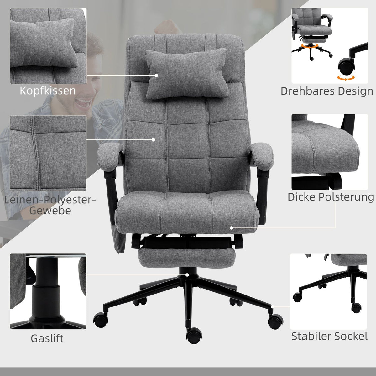 Office chair with massage function, ergonomic, height adjustable, lumbar heating, footrest, headrest, polyester, 66x76x112-120cm, gray