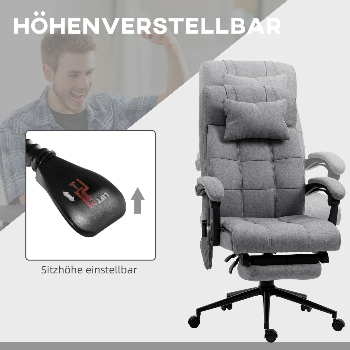 Office chair with massage function, ergonomic, height adjustable, lumbar heating, footrest, headrest, polyester, 66x76x112-120cm, gray