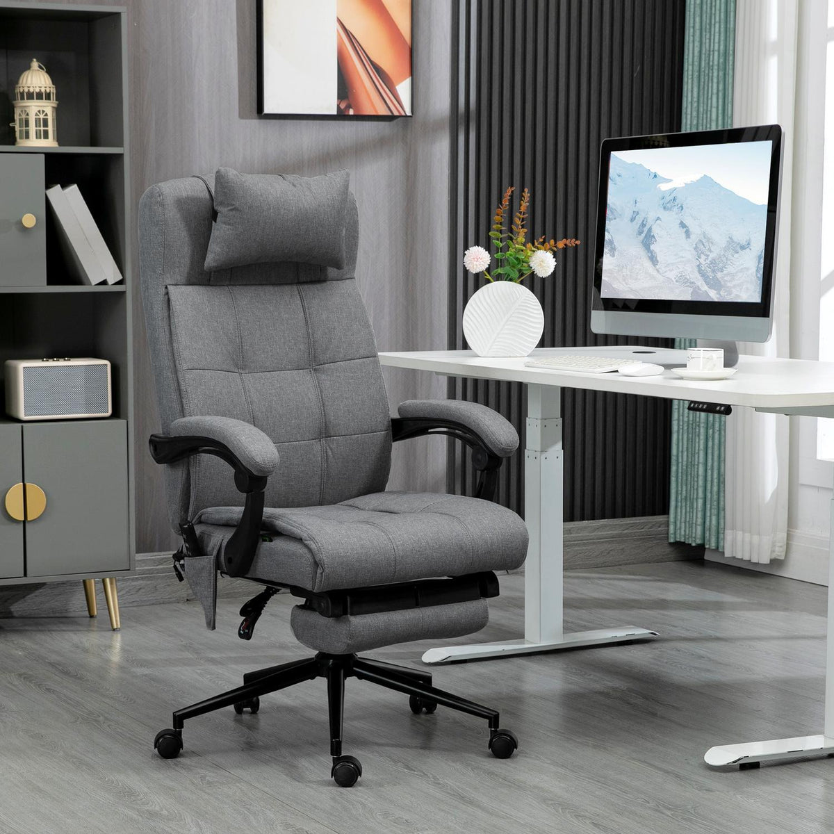 Office chair with massage function, ergonomic, height adjustable, lumbar heating, footrest, headrest, polyester, 66x76x112-120cm, gray