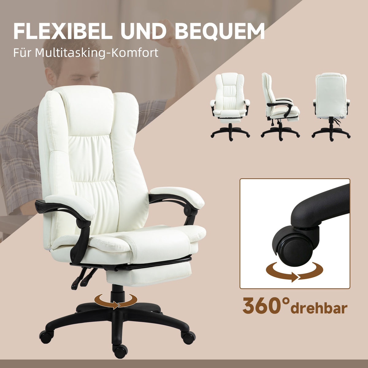 Office chair with massage function, executive chair with footrest, ergonomic desk chair, cream