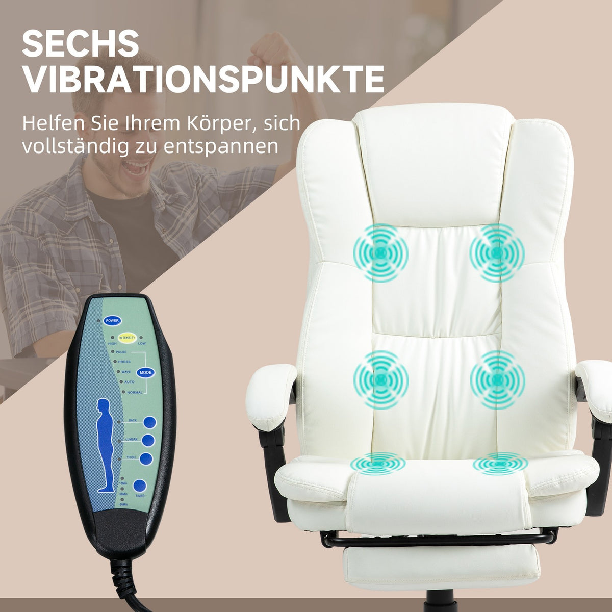 Office chair with massage function, executive chair with footrest, ergonomic desk chair, cream