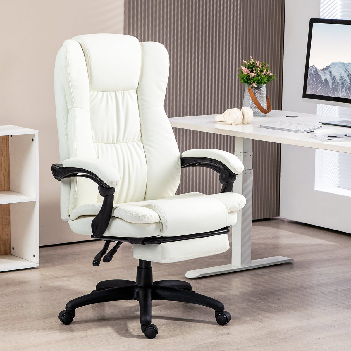 Office chair with massage function, executive chair with footrest, ergonomic desk chair, cream