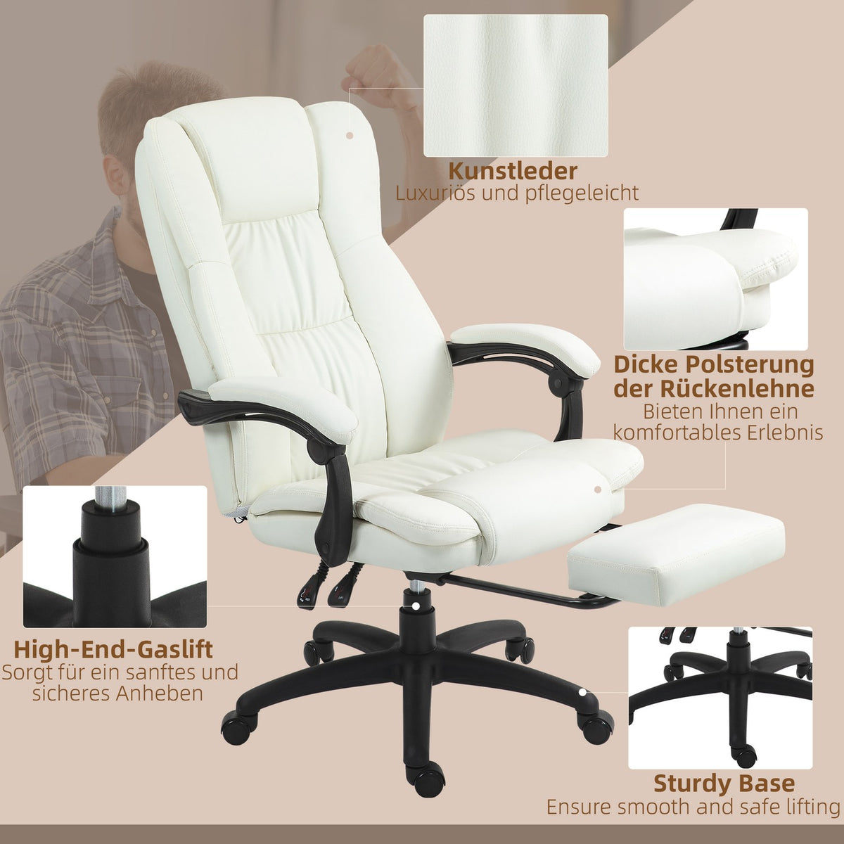 Office chair with massage function, executive chair with footrest, ergonomic desk chair, cream