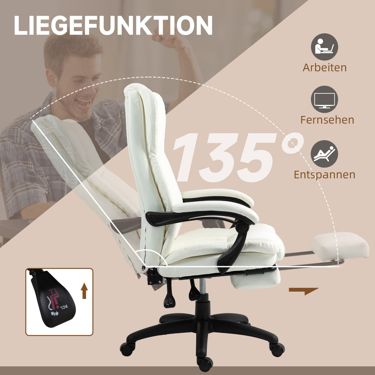 Office chair with massage function, executive chair with footrest, ergonomic desk chair, cream