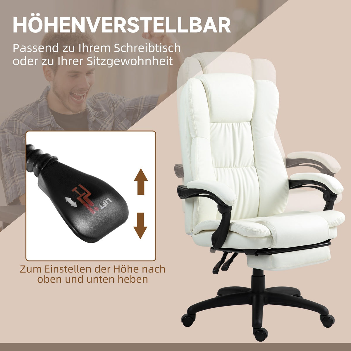 Office chair with massage function, executive chair with footrest, ergonomic desk chair, cream