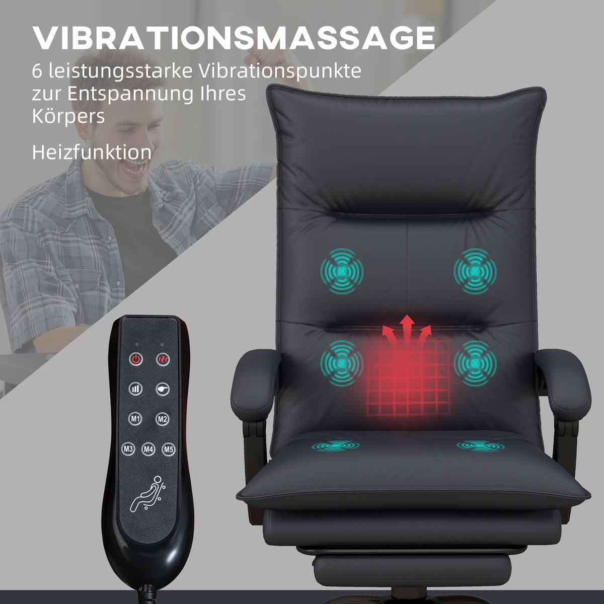 Office chair with massage function, height-adjustable desk chair, computer chair with footrest, light gray
