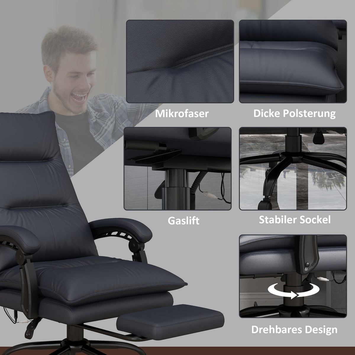 Office chair with massage function, height-adjustable desk chair, computer chair with footrest, light gray