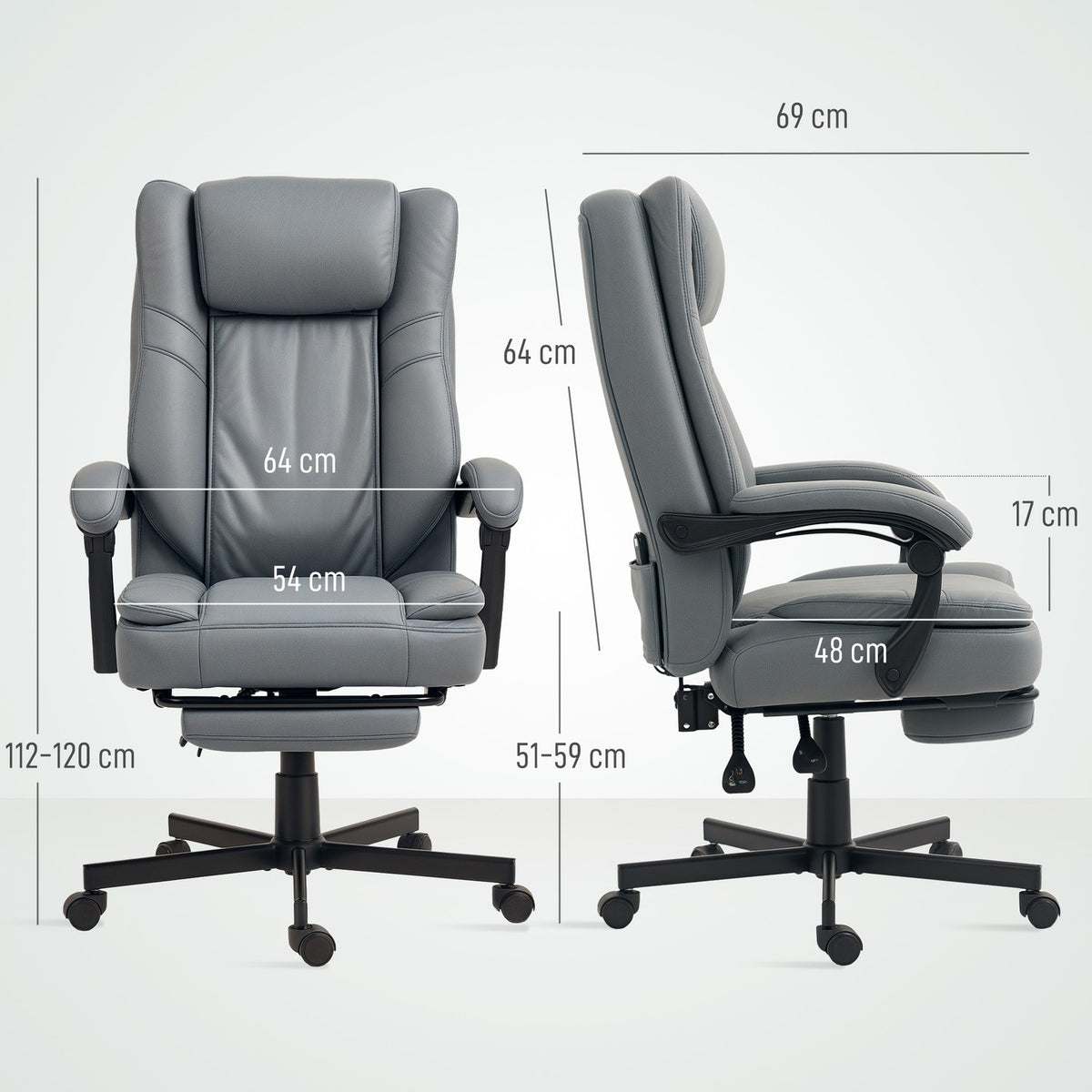 Office chair with massage function, height-adjustable desk chair with tilting backrest, upholstered, on wheels, grey