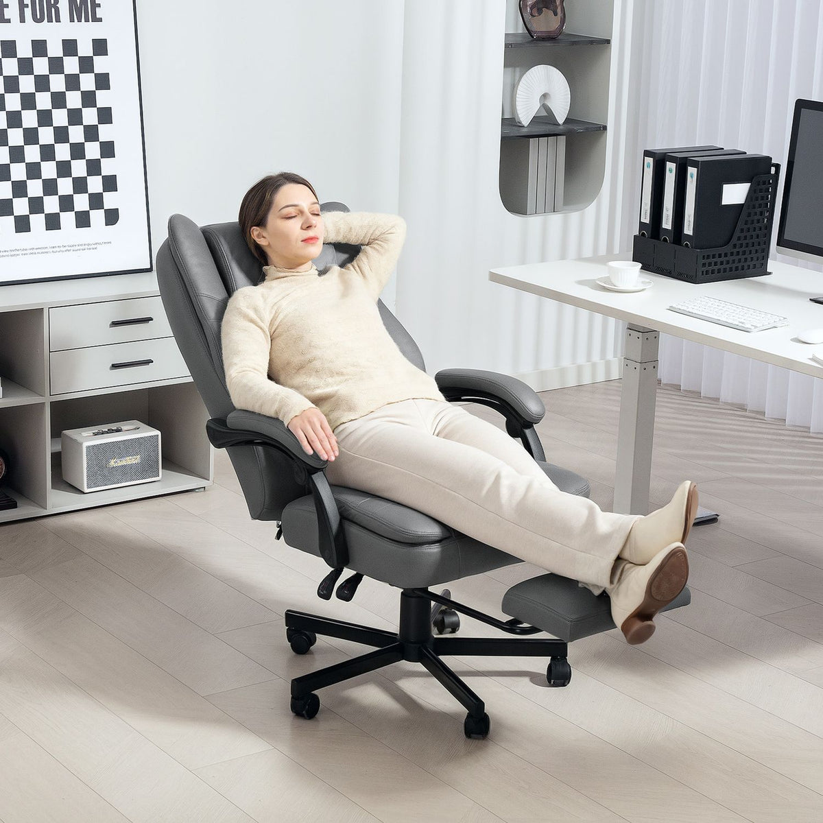 Office chair with massage function, height-adjustable desk chair with tilting backrest, upholstered, on wheels, grey