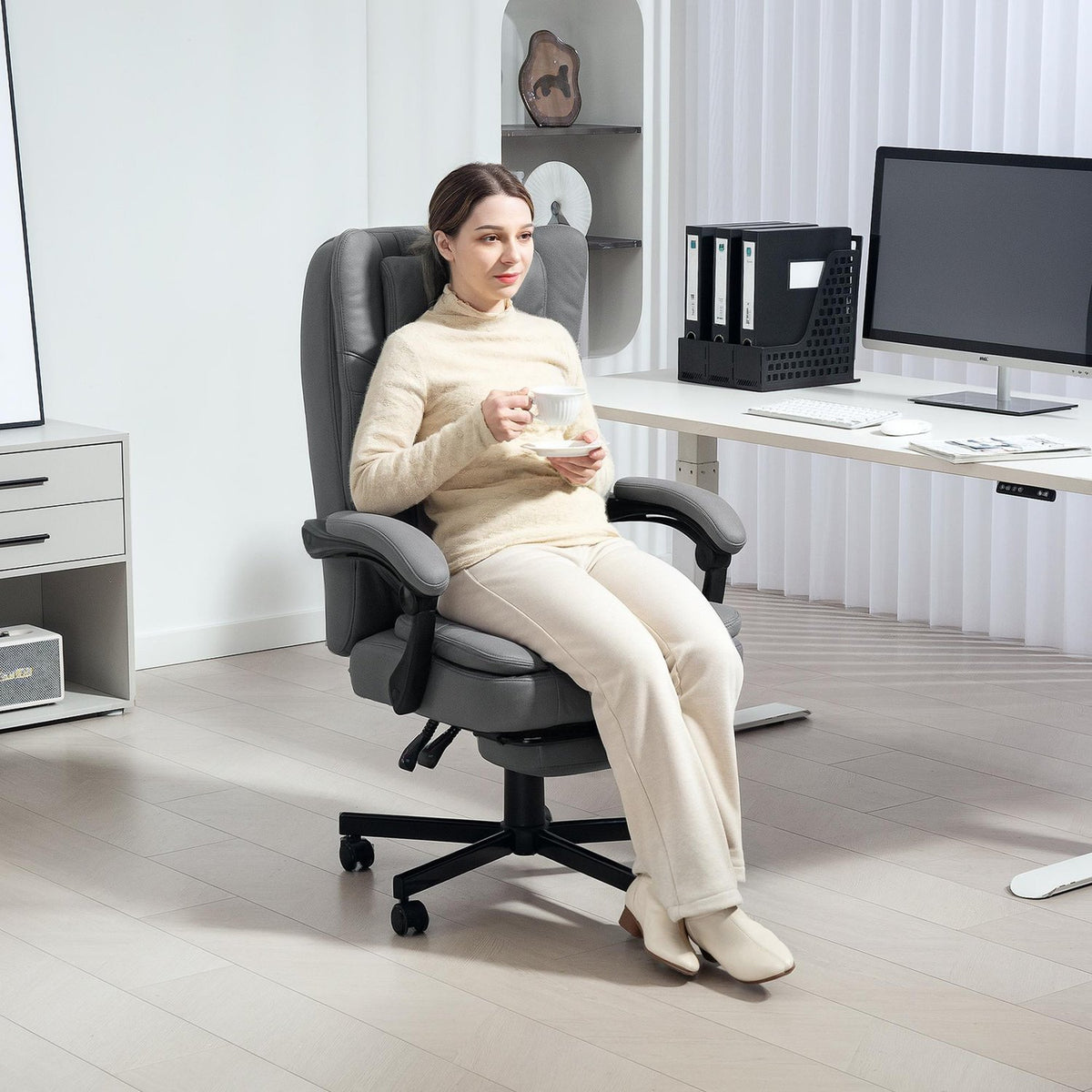 Office chair with massage function, height-adjustable desk chair with tilting backrest, upholstered, on wheels, grey