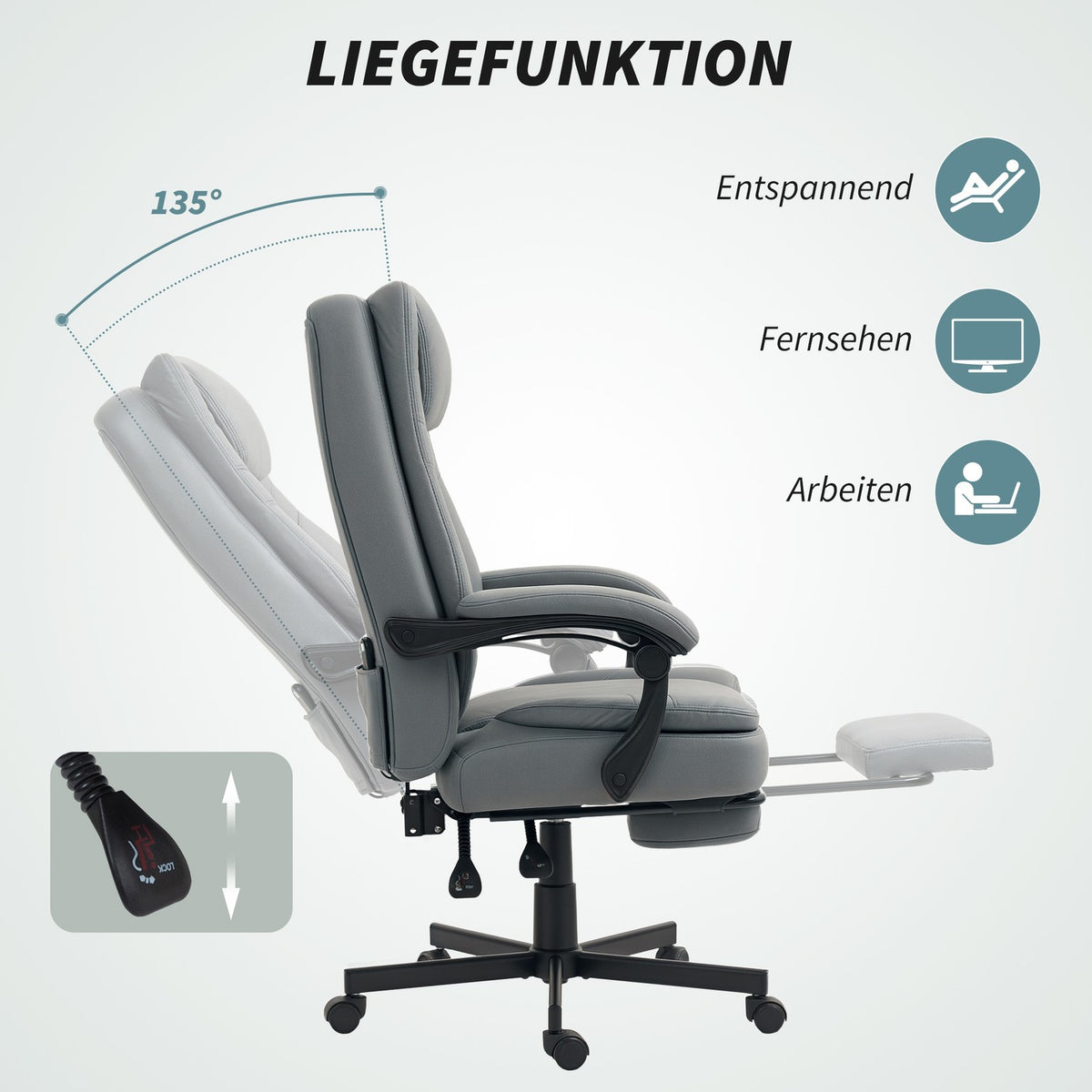 Office chair with massage function, height-adjustable desk chair with tilting backrest, upholstered, on wheels, grey