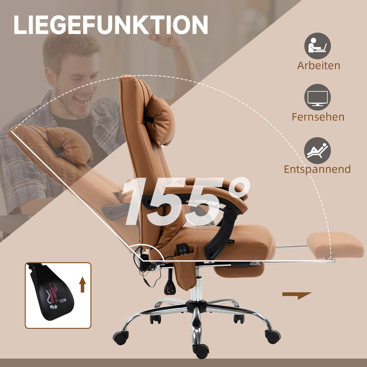 Office chair with massage function, lumbar heating, 6 massage points, 5 modes, load 120 kg, 66x67x115-123cm, artificial leather, light brown