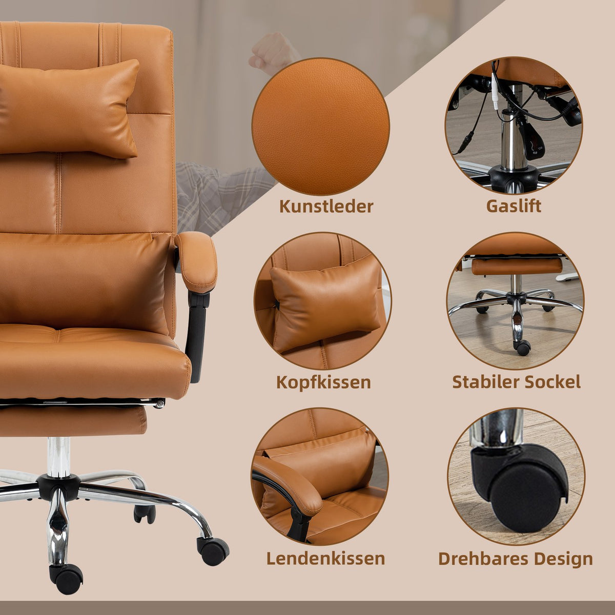 Office chair with massage function, lumbar heating, 6 massage points, 5 modes, load 120 kg, 66x67x115-123cm, artificial leather, light brown
