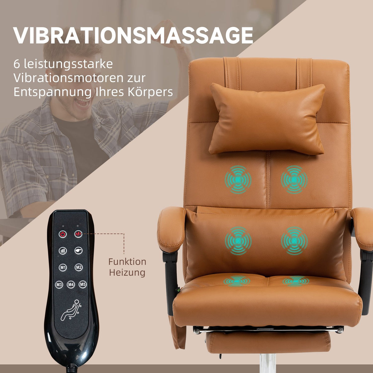 Office chair with massage function, lumbar heating, 6 massage points, 5 modes, load 120 kg, 66x67x115-123cm, artificial leather, light brown