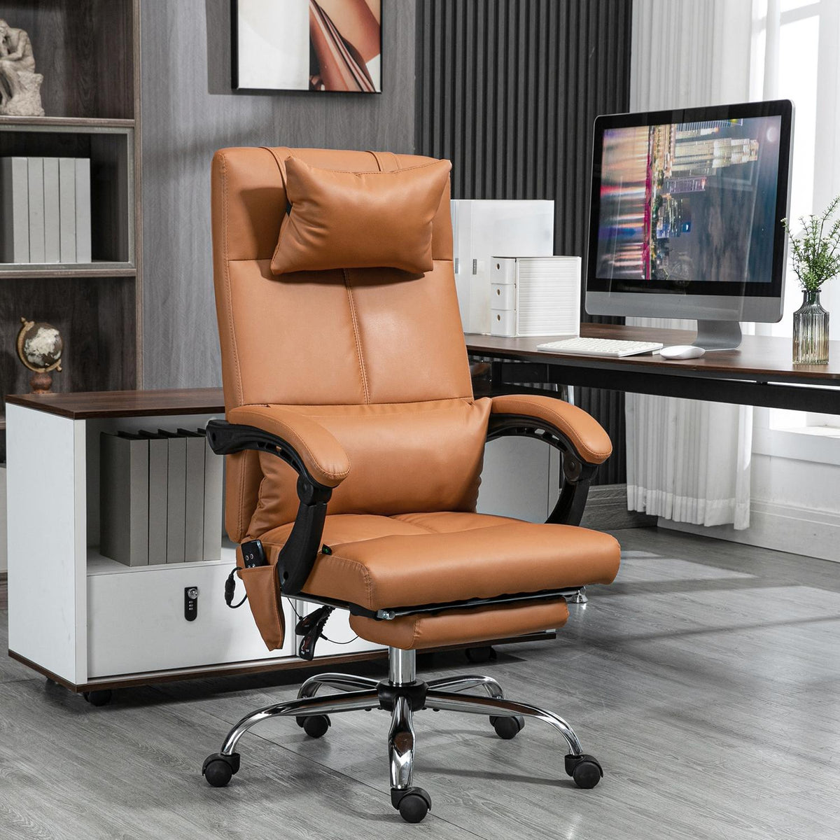 Office chair with massage function, lumbar heating, 6 massage points, 5 modes, load 120 kg, 66x67x115-123cm, artificial leather, light brown