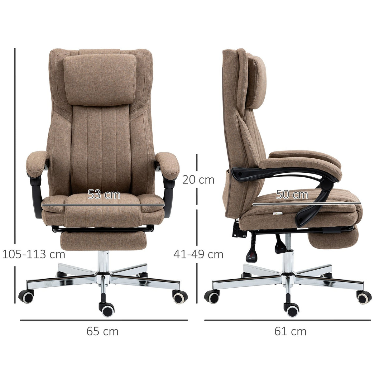 Office chair with massage function, reclining backrest, extendable footrest, linen look, 65 x 61 x 113 cm, brown