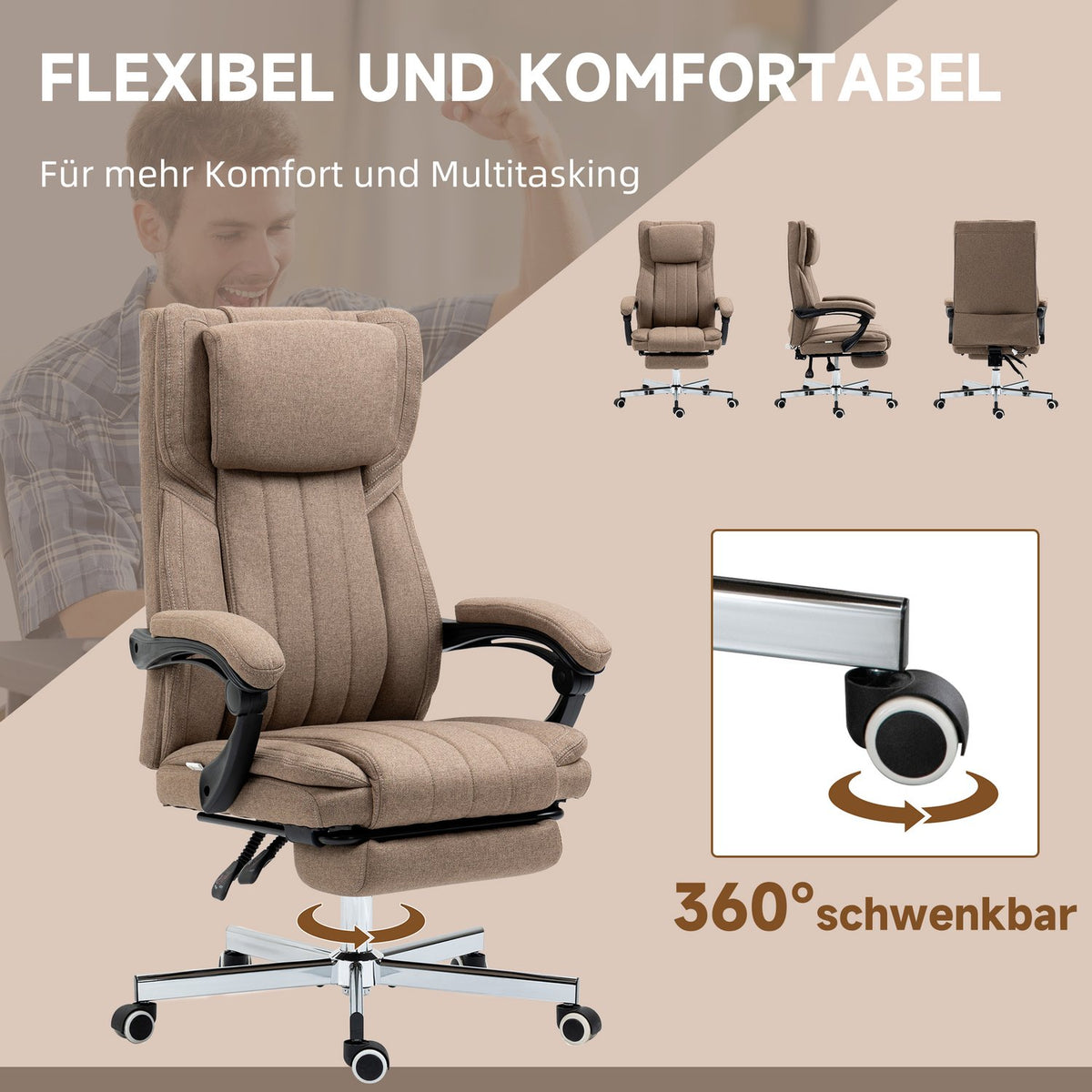 Office chair with massage function, reclining backrest, extendable footrest, linen look, 65 x 61 x 113 cm, brown