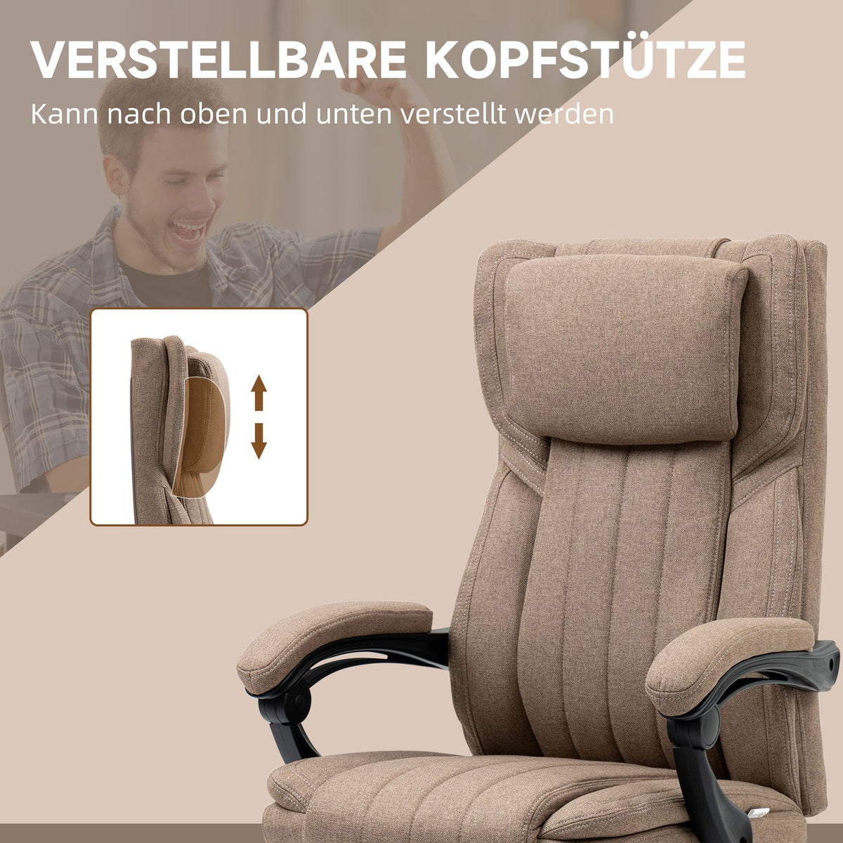 Office chair with massage function, reclining backrest, extendable footrest, linen look, 65 x 61 x 113 cm, brown