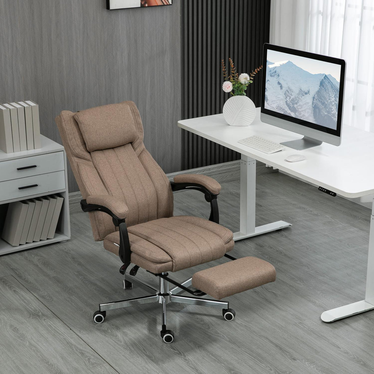 Office chair with massage function, reclining backrest, extendable footrest, linen look, 65 x 61 x 113 cm, brown