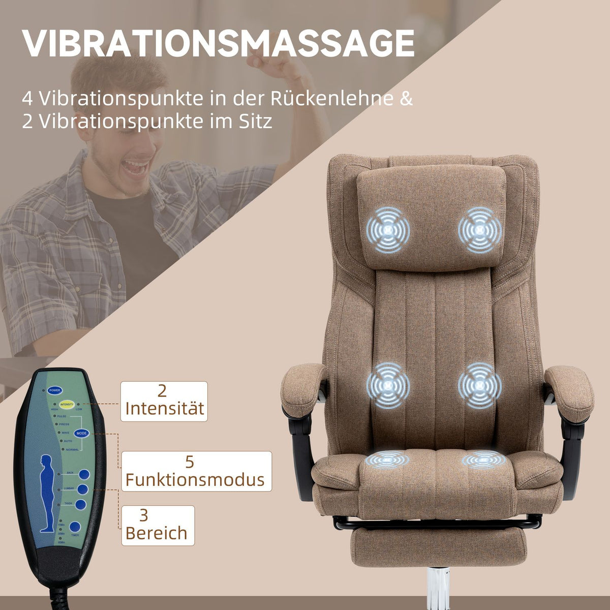Office chair with massage function, reclining backrest, extendable footrest, linen look, 65 x 61 x 113 cm, brown