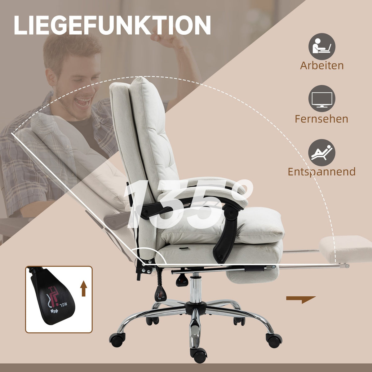 Office chair with massage function, with 135° tilting backrest, height adjustable, load 120 kg artificial leather 65x72x109-117cm cream white