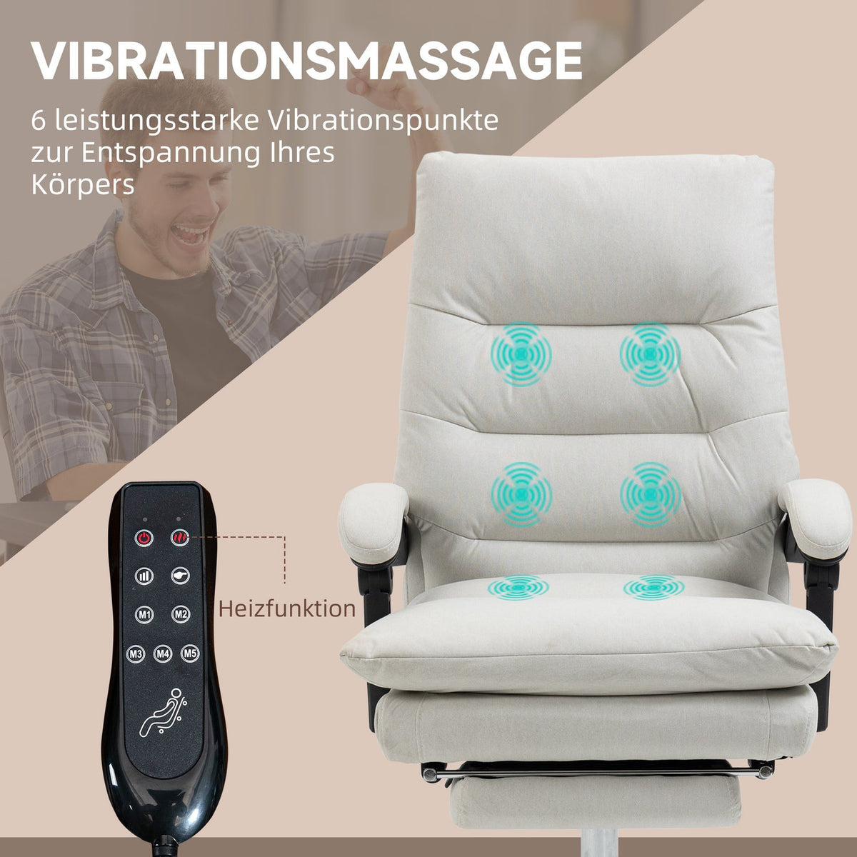 Office chair with massage function, with 135° tilting backrest, height adjustable, load 120 kg artificial leather 65x72x109-117cm cream white