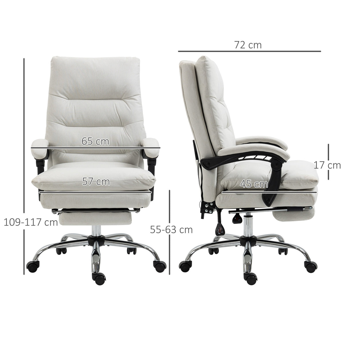 Office chair with massage function, with 135° tilting backrest, height adjustable, load 120 kg artificial leather 65x72x109-117cm cream white