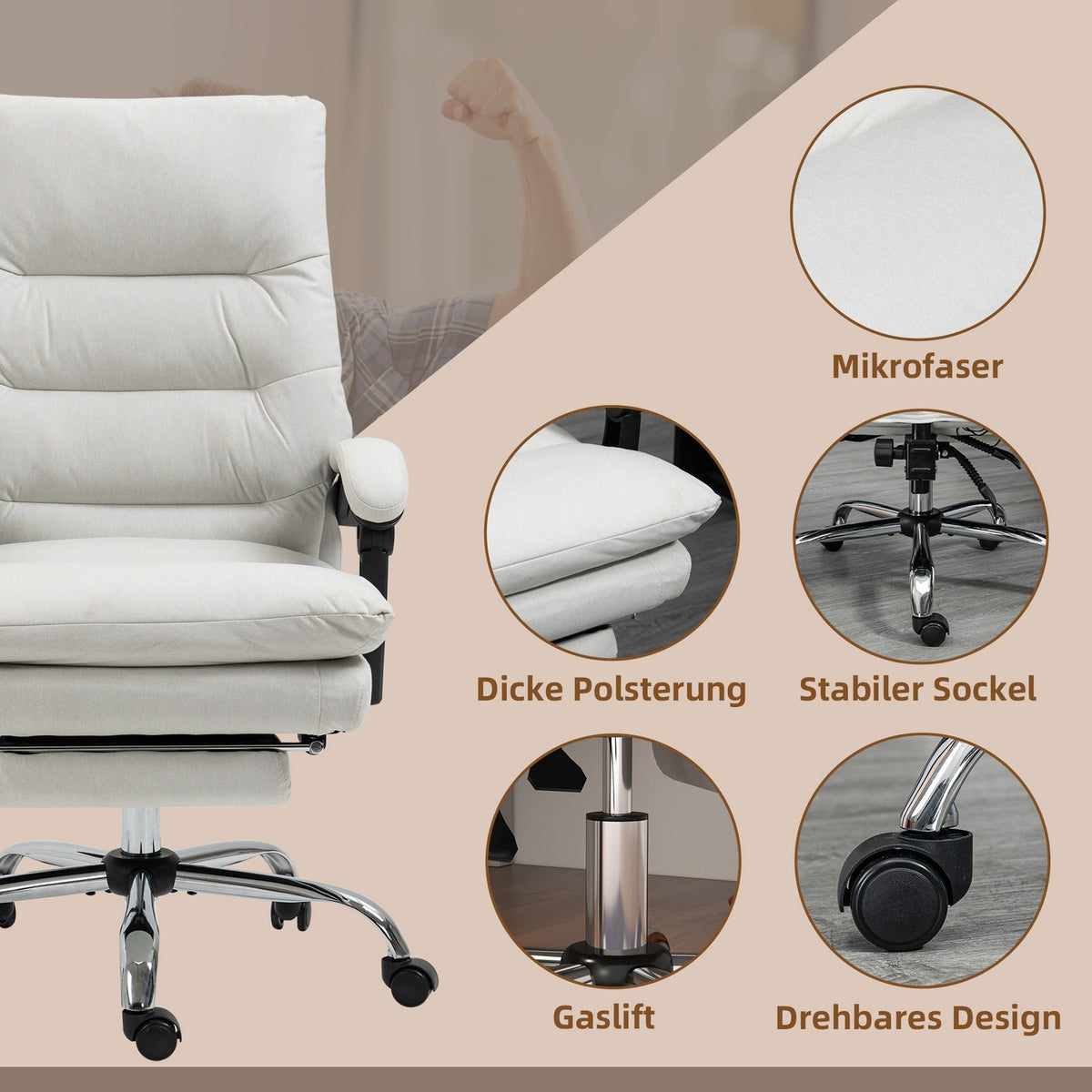 Office chair with massage function, with 135° tilting backrest, height adjustable, load 120 kg artificial leather 65x72x109-117cm cream white
