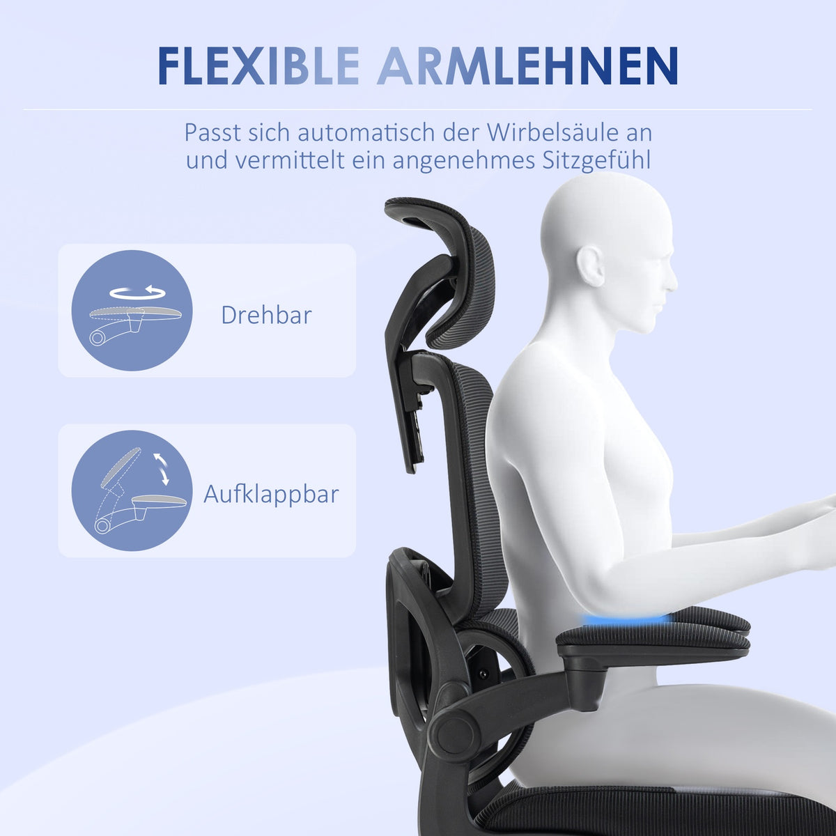 Office chair with net, folding armrests, rocker function, height-adjustable desk chair, up to 120kg, black