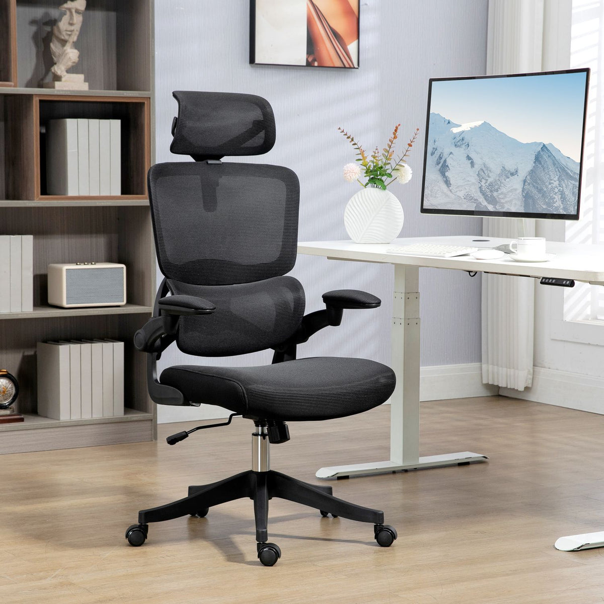 Office chair with net, folding armrests, rocker function, height-adjustable desk chair, up to 120kg, black